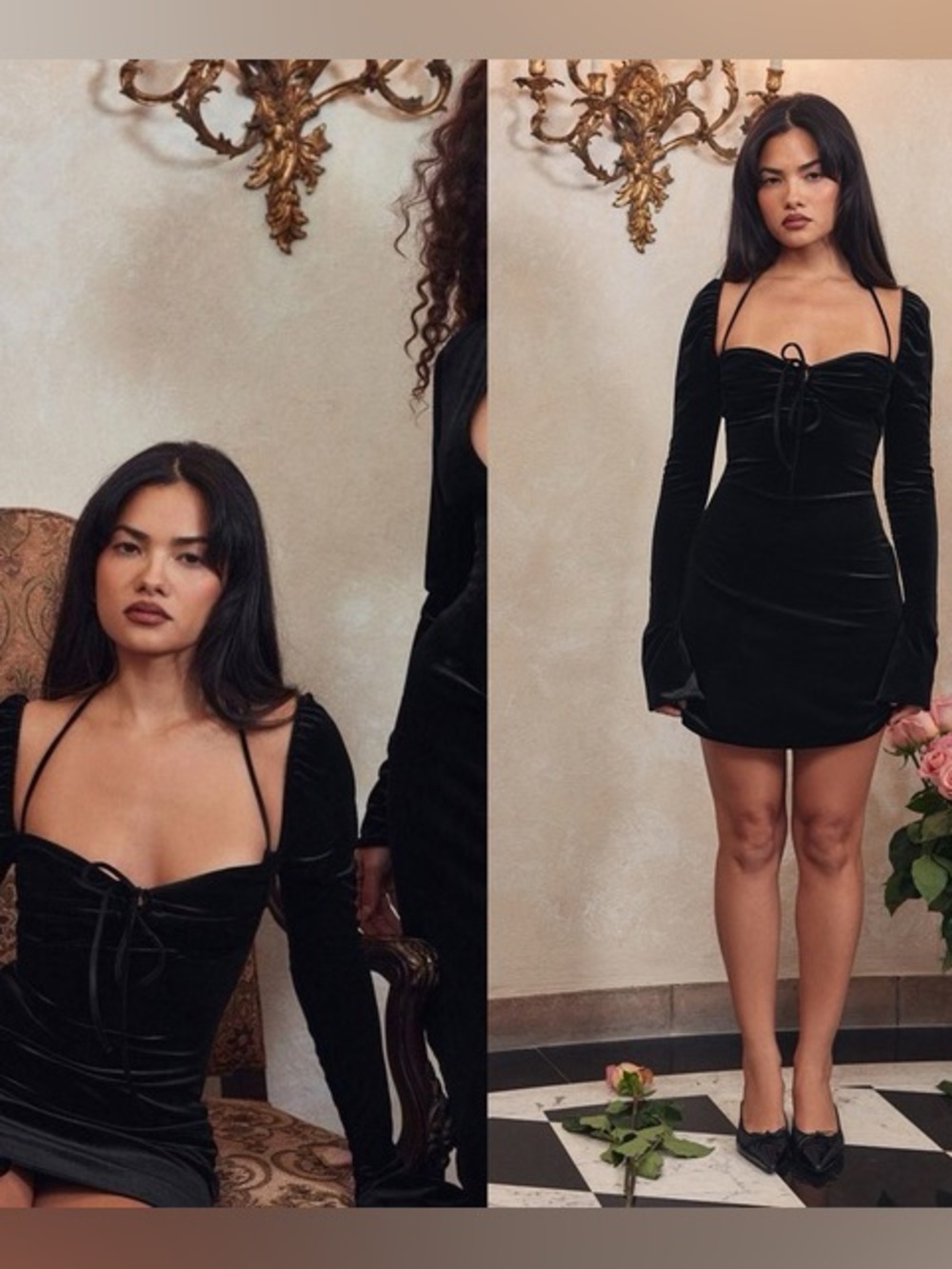 House of CB Black Velvet Halter Long-Sleeve Mini Dress Sweetheart Neckline Flare - Picture 3 of 13